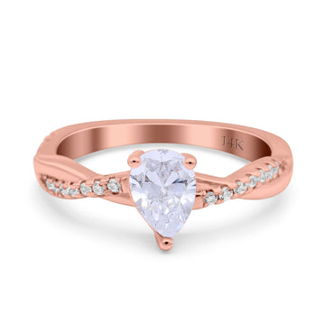 14K Rose Gold Art Deco Pear Twisted Bridal Simulated CZ Wedding Engagement Ring Size 7